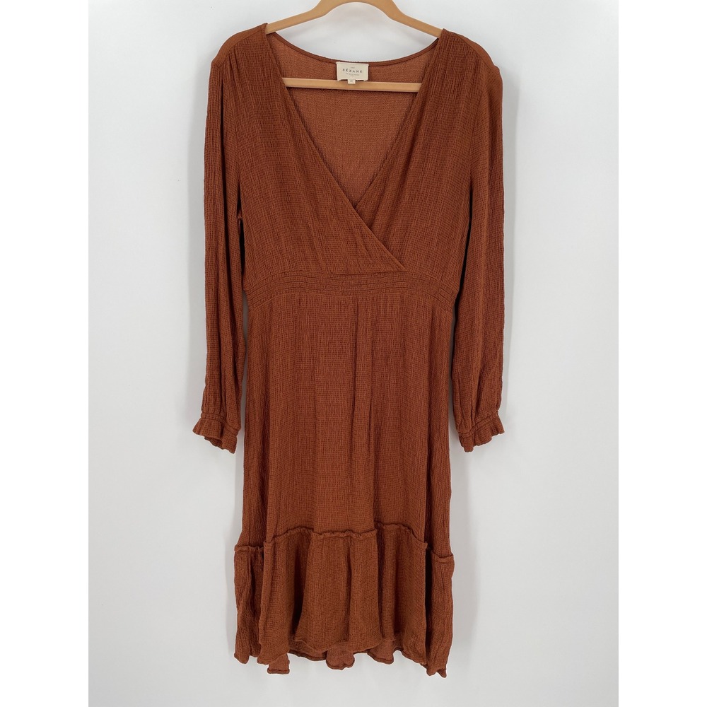Sezane Rust Brown Textured Crepe Wrap V-Neck Smocked Waist Ruffle Dress Size 42